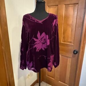 H By Halston 16 Deep Purple Floral Cold Shoulder Long sleeved top blouse